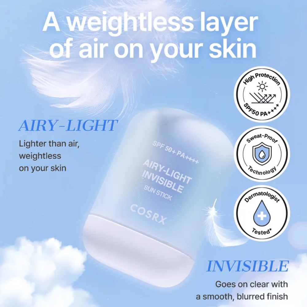 COSRX Airy-Light Invisible Sun Stick – ultralet solbeskyttelse med SPF 50+ og PA++++, giver en vægtløs, usynlig finish.