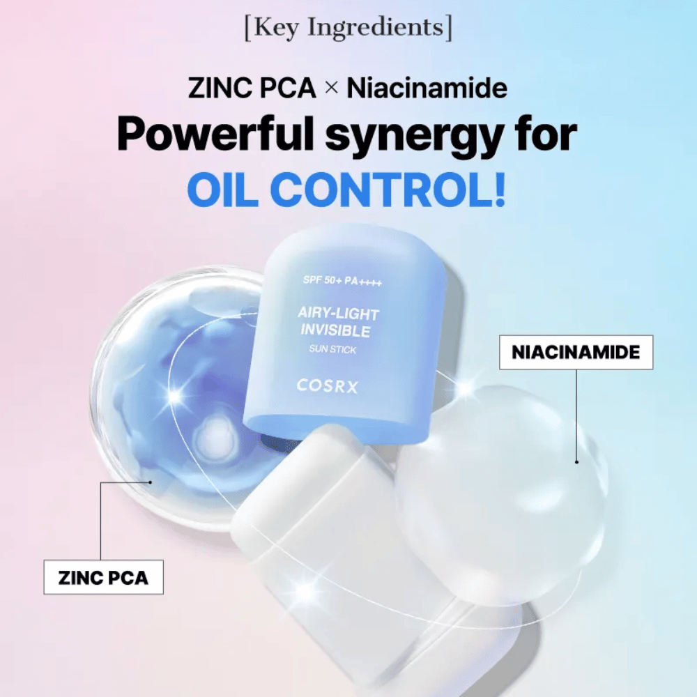 Nøgleingredienser i COSRX Airy-Light Invisible Sun Stick – Zink PCA og Niacinamid for effektiv talgkontrol og klar hud.