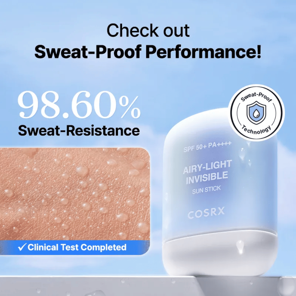COSRX Airy-Light Invisible Sun Stick med 98,6 % svedresistens – bevist sweat-proof teknologi for langvarig beskyttelse.