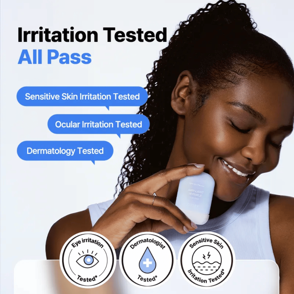 Klinisk testet COSRX Airy-Light Invisible Sun Stick – testet for sensitiv hud, øjenirritation og dermatologisk godkendt.