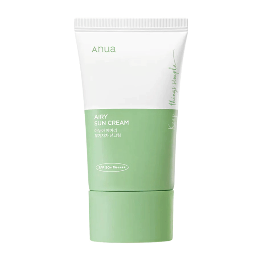 Et rør af Anua Airy Sun Cream med SPF 50+ PA++++ på en hvid baggrund.