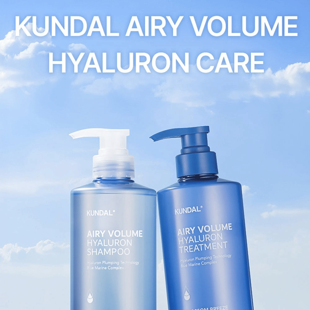 KUNDAL Airy Volume Hyaluron Shampoo og Treatment i blå pumpeflasker, hårpleje med hyaluron og Blue Marine Complex.