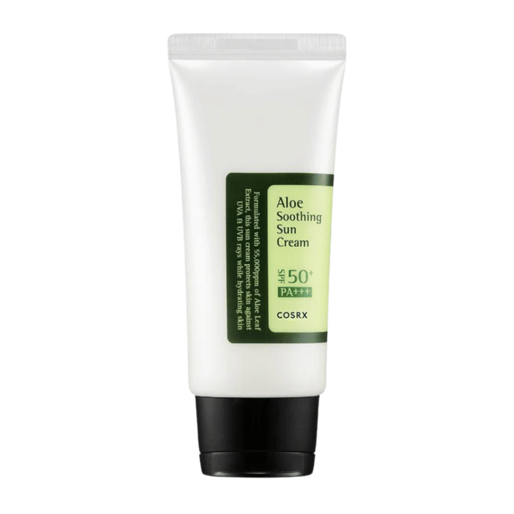 COSRX Aloe Soothing Sun Cream SPF 50+ PA+++ i hvid tube med sort låg – solcreme med aloe vera, der beskytter og beroliger huden.