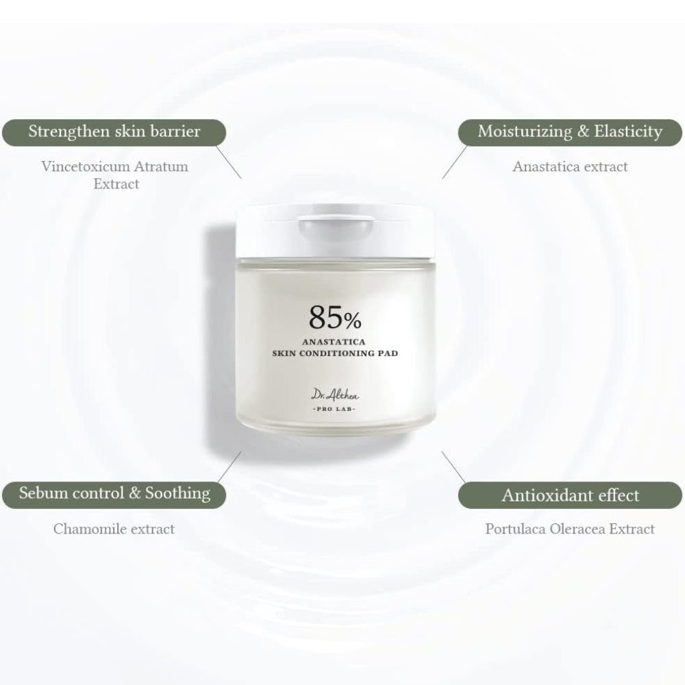 Dr. Althea 85% Anastatica Skin Conditioning Pad med Anastatica-ekstrakt, kamille, portulak og Vincetoxicum-ekstrakt, som styrker hudbarrieren og beroliger huden.