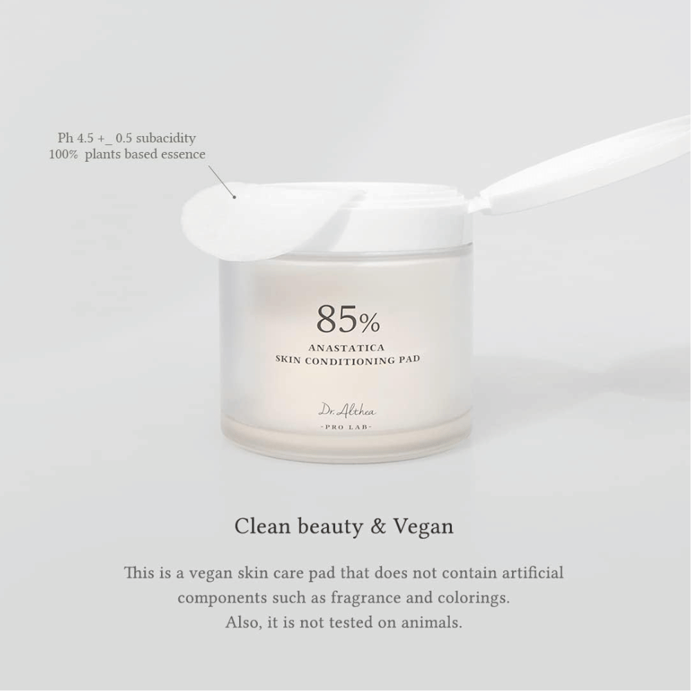 Dr. Althea 85% Anastatica Skin Conditioning Pad er veganske toner pads uden kunstige duft- og farvestoffer, udviklet til sensitiv hud.