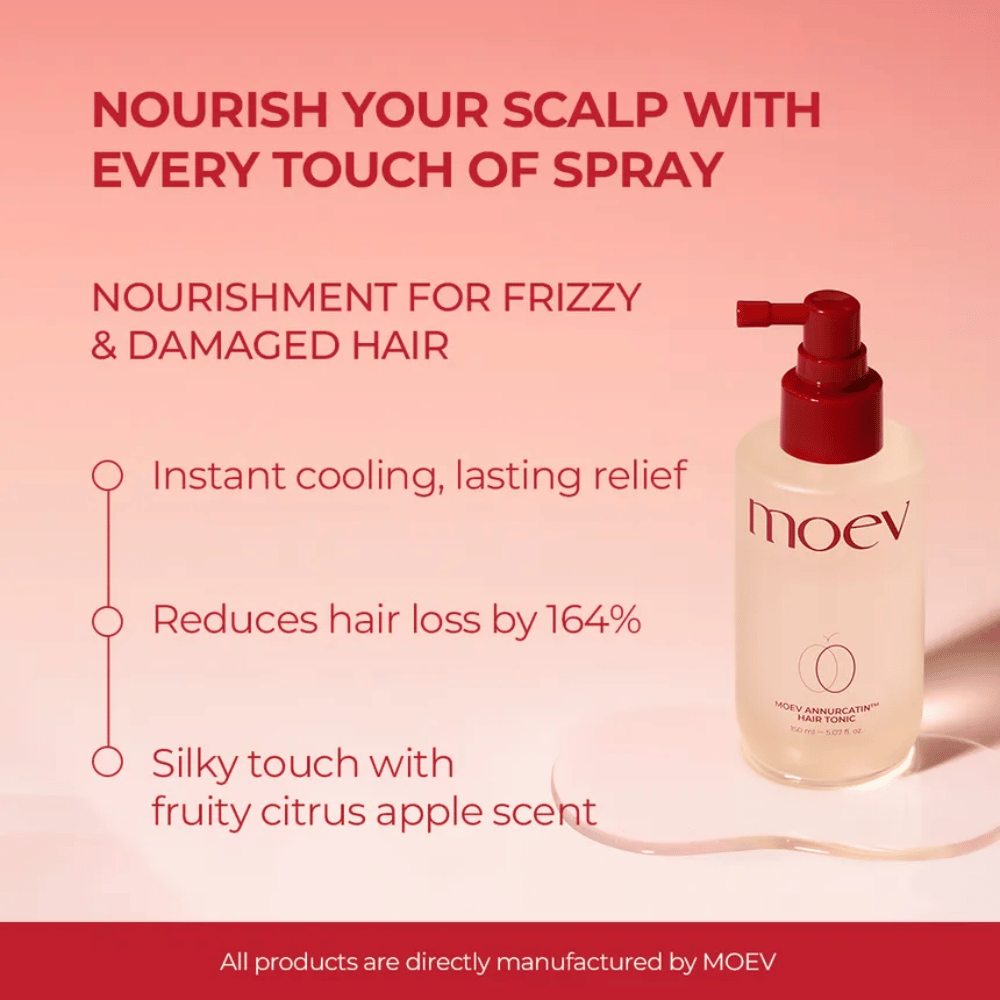 MOEV Annurcatin Hair Tonic – plejende spray som reducerer hårtab, køler hovedbunden og giver en frisk citrusduft.
