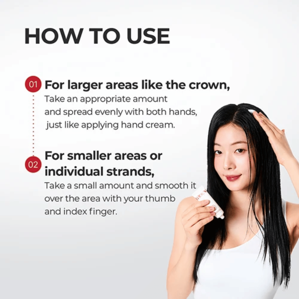 1. MOEV Annurcatin No Sebum Hair Cream – instruktioner til påføring i hovedbunden og på enkelte hårstrå