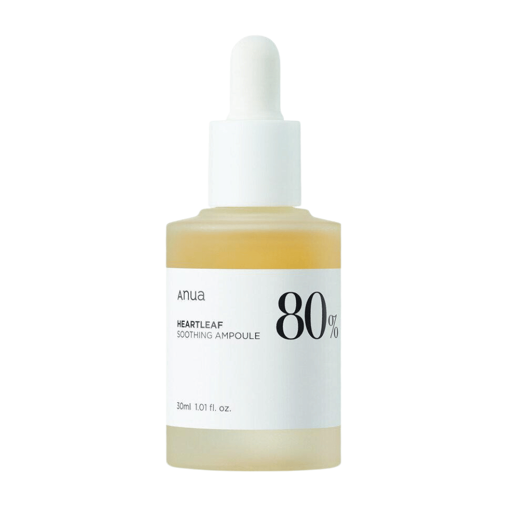En Anua Heartleaf 80% beroligende ampul med hvid baggrund.