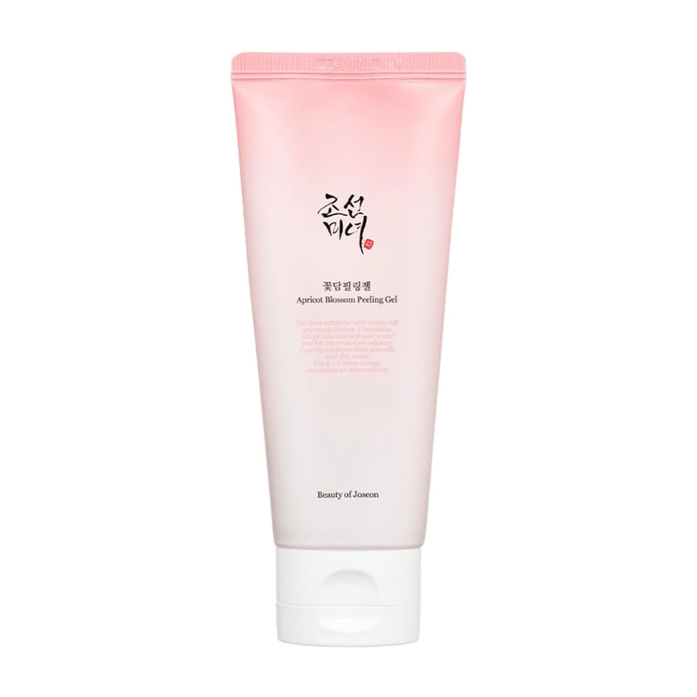 Et lyserødt rør med Apricot Blossom Peeling Gel fra Beauty of Joseon på en hvid baggrund.