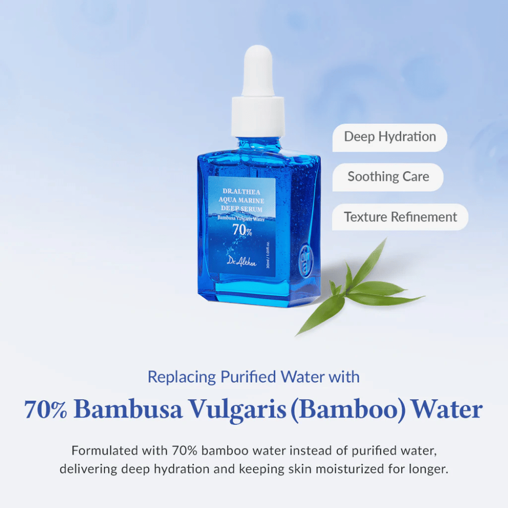 Dr. Althea Aqua Marine Deep Serum i blå glasflaske med pipette, formuleret med 70 % Bambusa Vulgaris (bambus) vand for dyb fugtighed, beroligende pleje og forbedret hudtekstur.