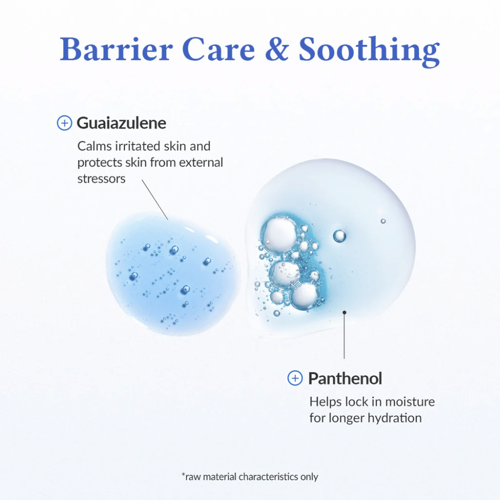 Barrier Care & Soothing i Dr. Althea Aqua Marine Deep Serum med guaiazulene, der beroliger irriteret hud og beskytter mod ydre stress, samt panthenol, der binder fugt og styrker hudbarrieren for langvarig fugtighed.
