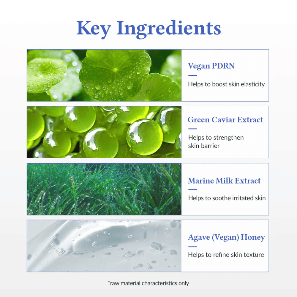 Nøgleingredienser i Dr. Althea Aqua Marine Deep Serum – Vegan PDRN for elasticitet, Green Caviar Extract, der styrker hudbarrieren, Marine Milk Extract, der beroliger huden, samt Agave (vegansk honning) for en jævnere hudstruktur.