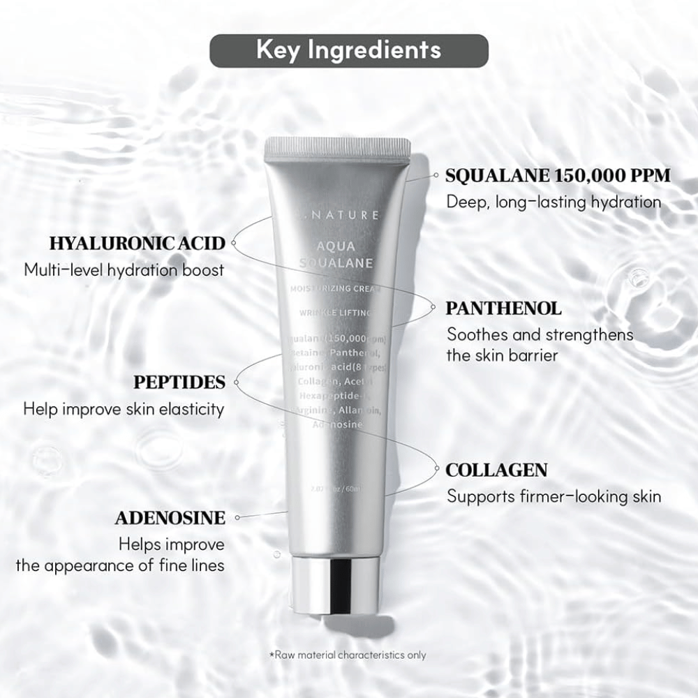 S.NATURE Aqua Squalane Moisturizing Cream med squalane, hyaluronsyre, panthenol, peptider og kollagen til fugtet og smidig hud.