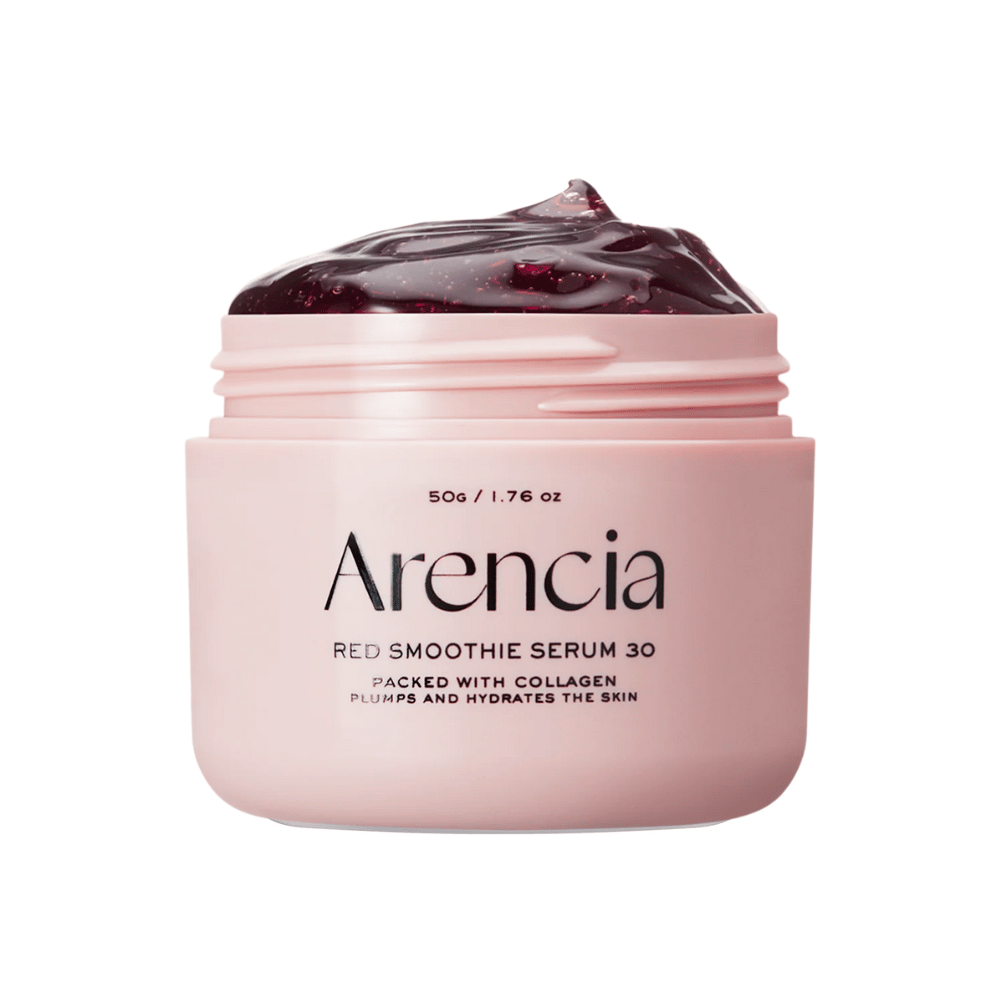 Nærbillede af Arencia Red Smoothie Serum 30 i lyserød krukke, fyldt med dyb rød gel til fugt og fasthed.