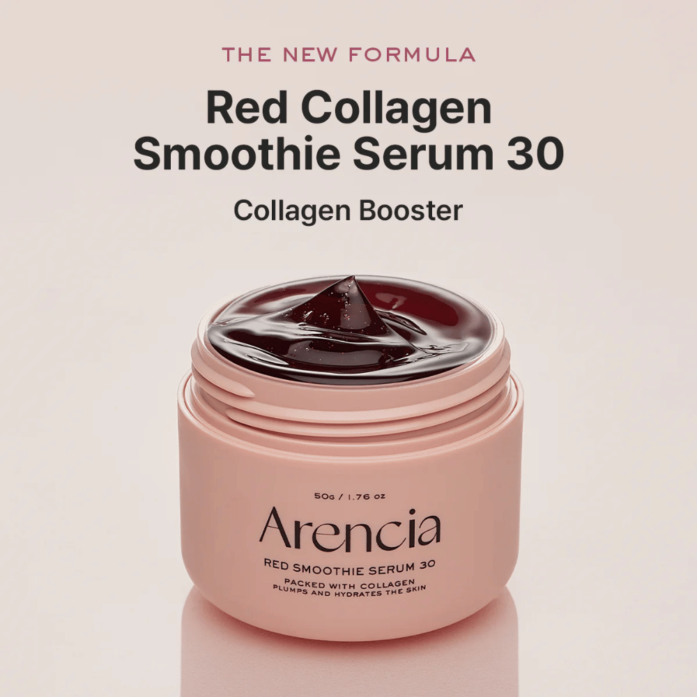 Arencia Red Smoothie Serum 30 i lyserød krukke, ny formel der fungerer som kollagen booster.