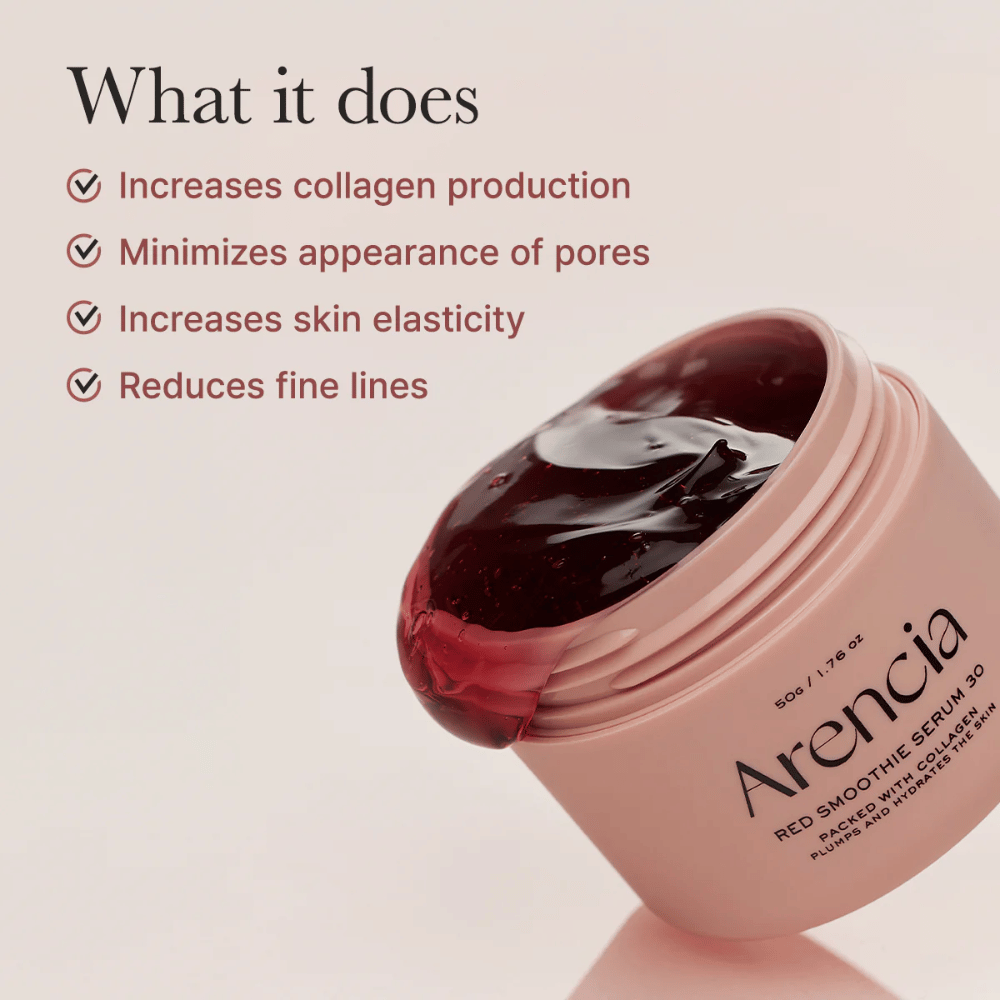 Åben krukke Arencia Red Smoothie Serum 30 med gelélignende tekstur, listet Fordele: øget kollagen, minimerede porer, forbedret elasticitet, reducerede linjer.