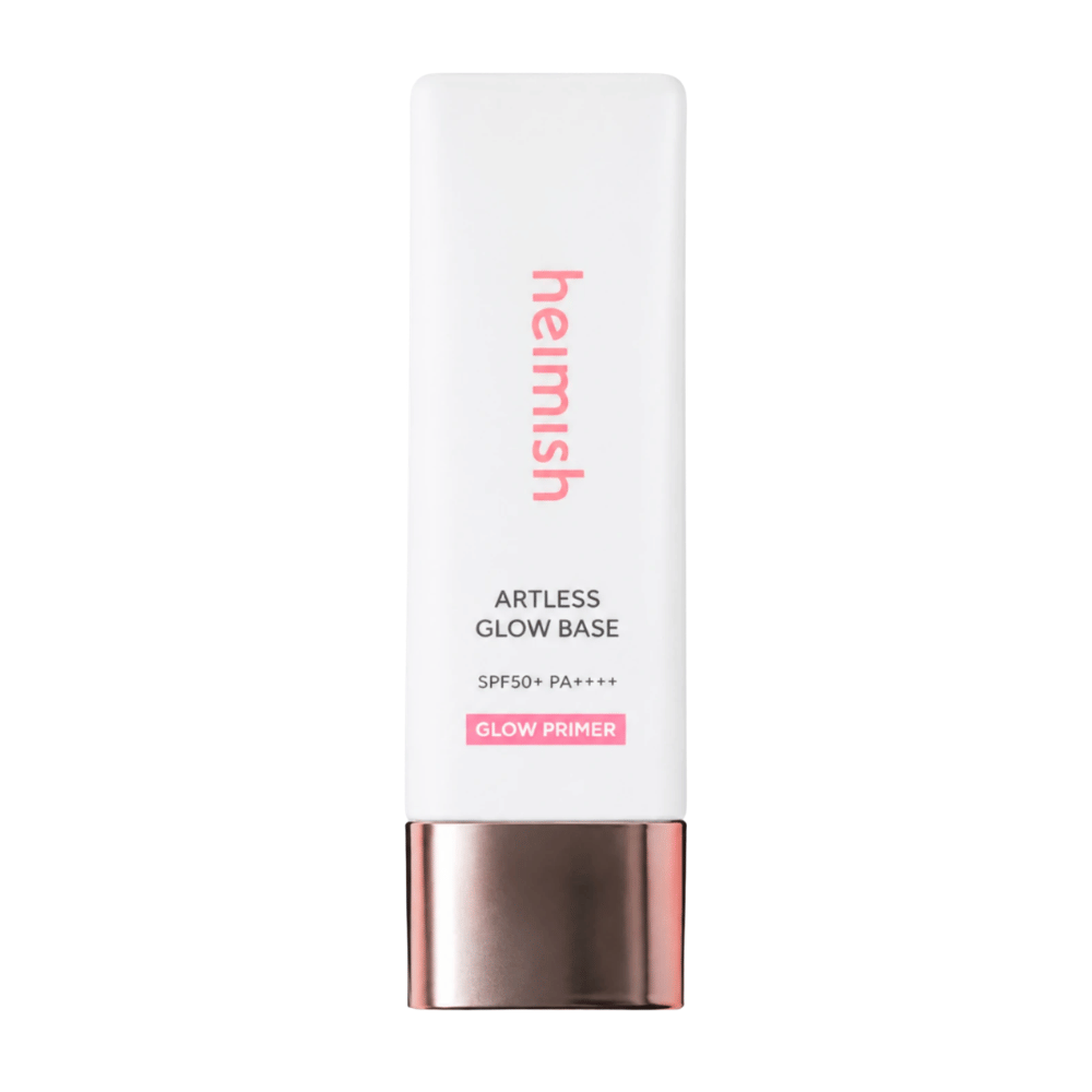 Heimish Artless Glow Base SPF50+ PA++++ – koreansk glow primer og solbeskyttelse i hvid emballage med rosaguldfarvet låg.