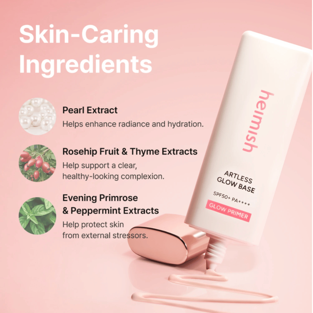 Heimish Artless Glow Base SPF50+ PA++++ med pæreekstrakt, hyben, timian, natlysolie og pebermynte for fugt og glød.