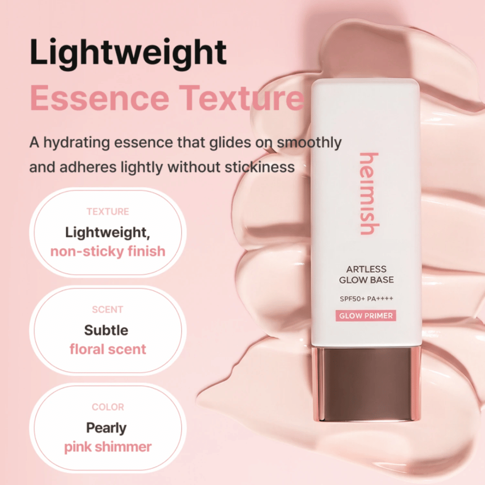 Heimish Artless Glow Base SPF50+ PA++++ – let fugtgivende glow primer med perlemorsskinnende rosa finish uden klæbrig følelse.