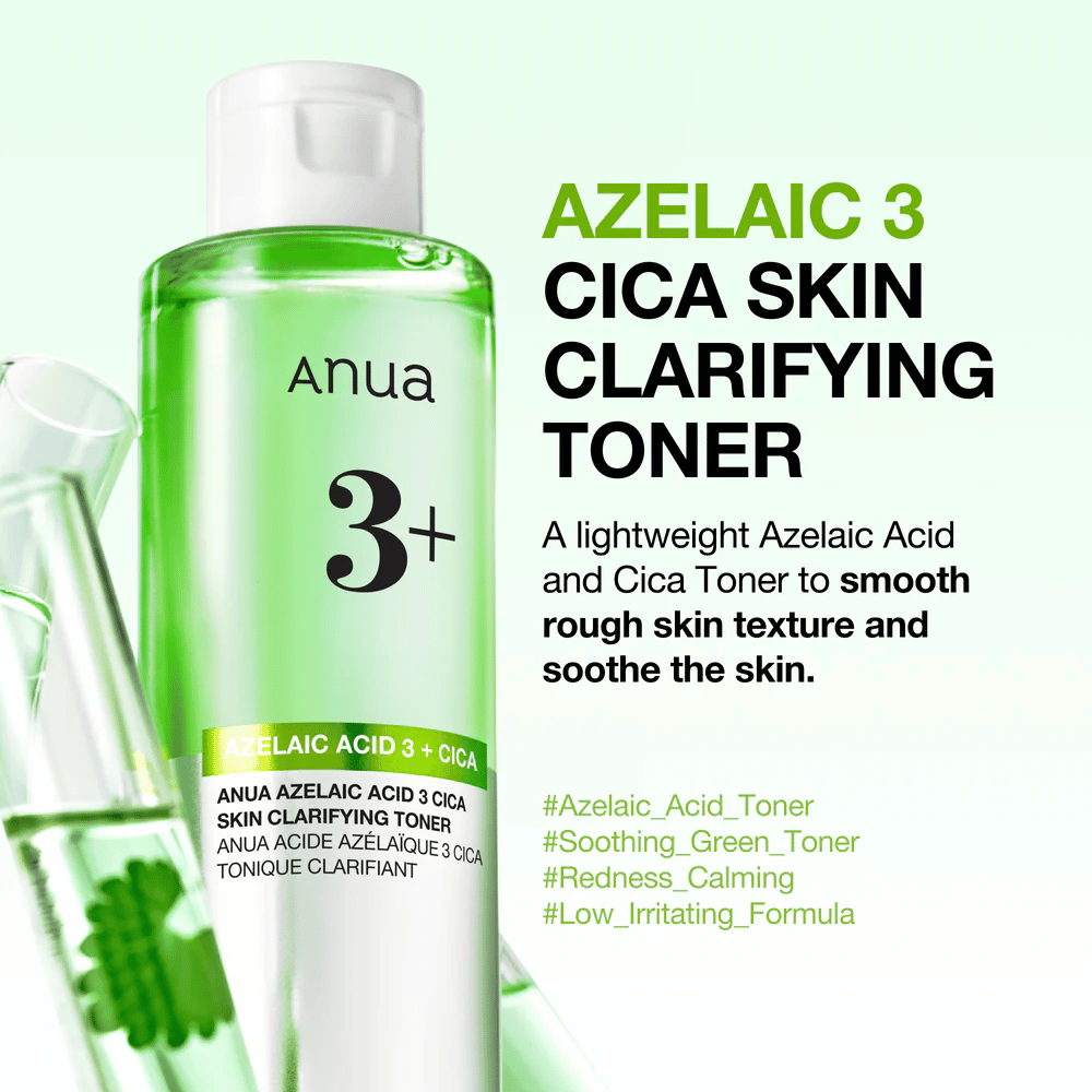 Anua Azelaic Acid 3 Cica Skin Clarifying Toner med 3 % azelainsyre og centella asiatica, som skånsomt eksfolierer, beroliger huden og forbedrer hudens klarhed.