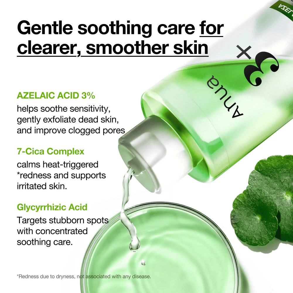 Anua Azelaic Acid 3 Cica Skin Clarifying Toner med 3 % azelainsyre, 7-Cica Complex og glycyrrhizinsyre, som beroliger sensitiv hud og mindsker rødme.