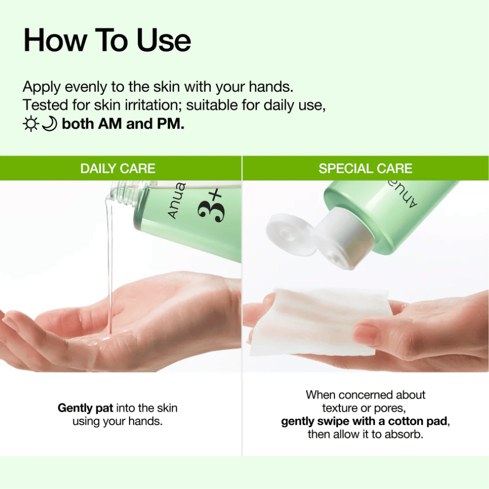 Anua Azelaic Acid 3 Cica Skin Clarifying Toner påføres med hænderne eller en vatrondel for at berolige huden og forbedre hudstrukturen.