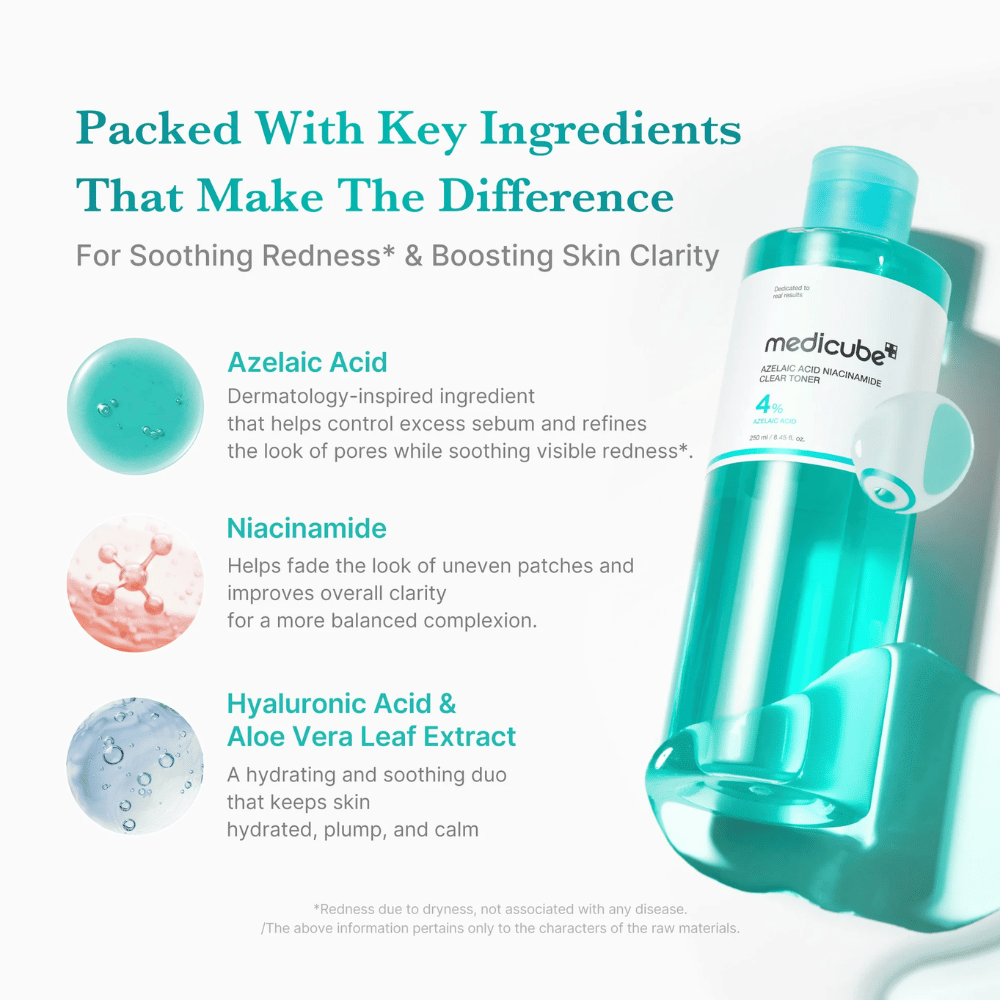 Medicube Azelaic Acid Niacinamide Clear Toner med azelainsyre, niacinamid, hyaluronsyre og aloe vera for at fugte, berolige huden og forbedre hudens klarhed.