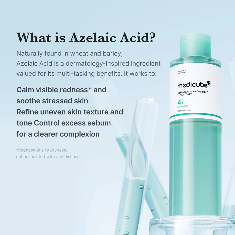 Medicube Azelaic Acid Niacinamide Clear Toner med 4% azelainsyre, som hjælper med at berolige rødme, udjævne hudtonen og kontrollere overskydende sebum for en klarere hud.