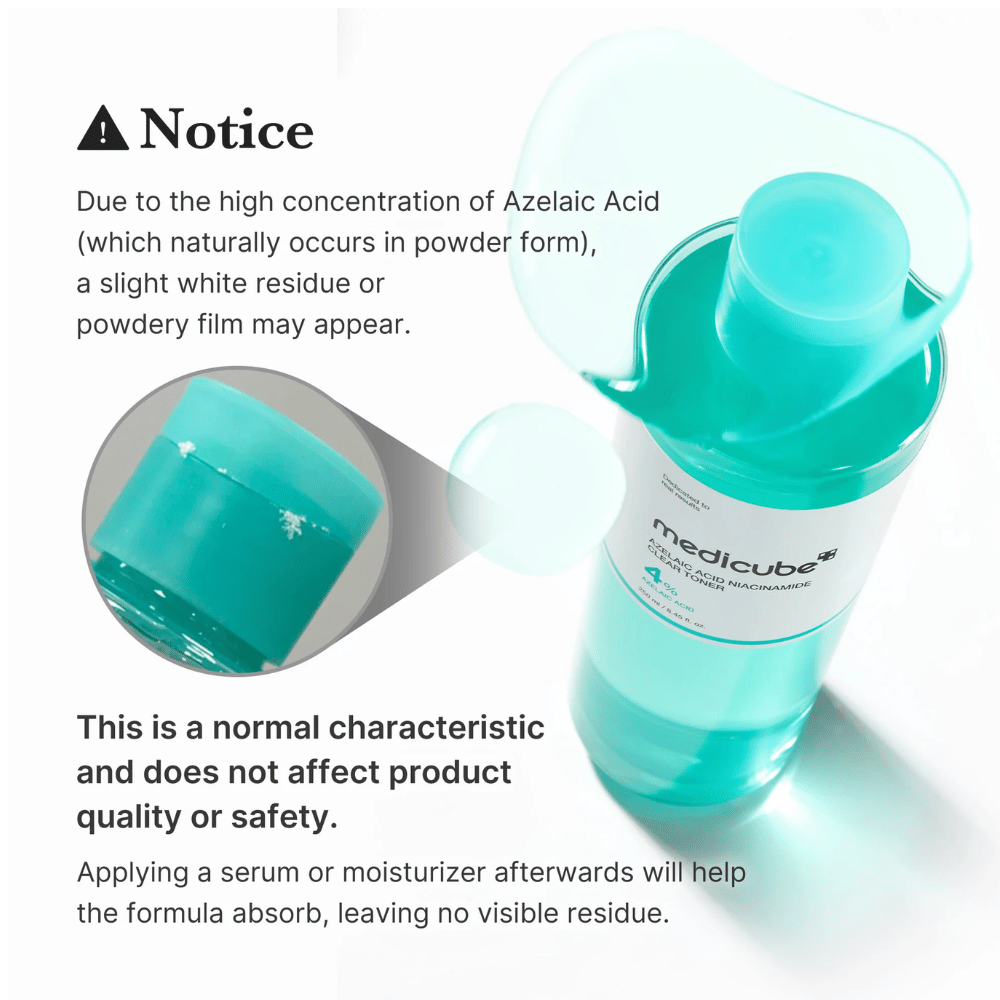 Medicube Azelaic Acid Niacinamide Clear Toner som viser naturlige krystalrester fra azelainsyre og forklarer, at dette er normalt og ikke påvirker produktets kvalitet eller sikkerhed.