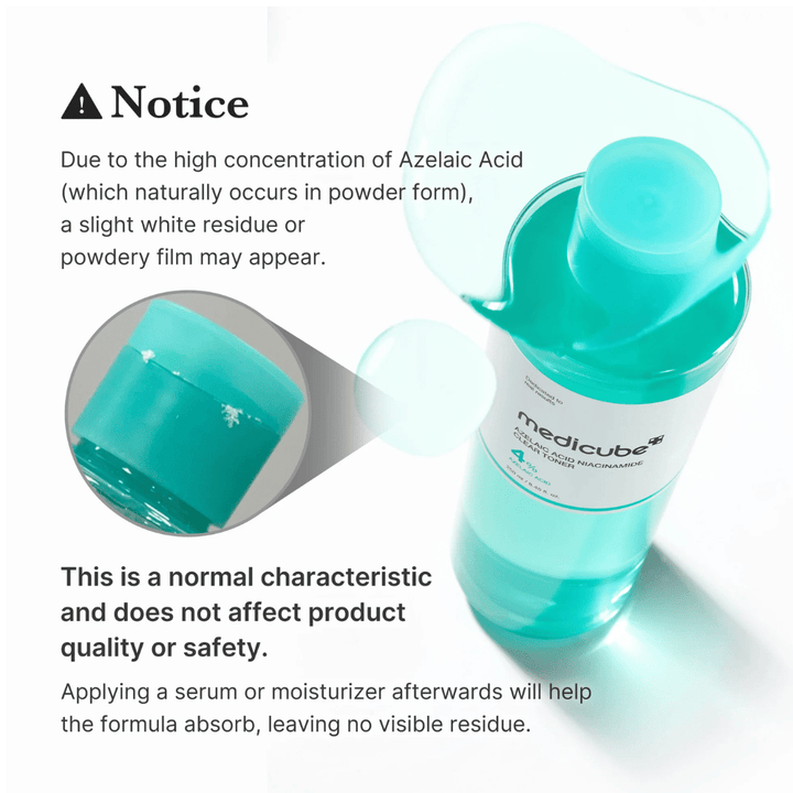 Medicube Azelaic Acid Niacinamide Clear Toner som viser naturlige krystalrester fra azelainsyre og forklarer, at dette er normalt og ikke påvirker produktets kvalitet eller sikkerhed.