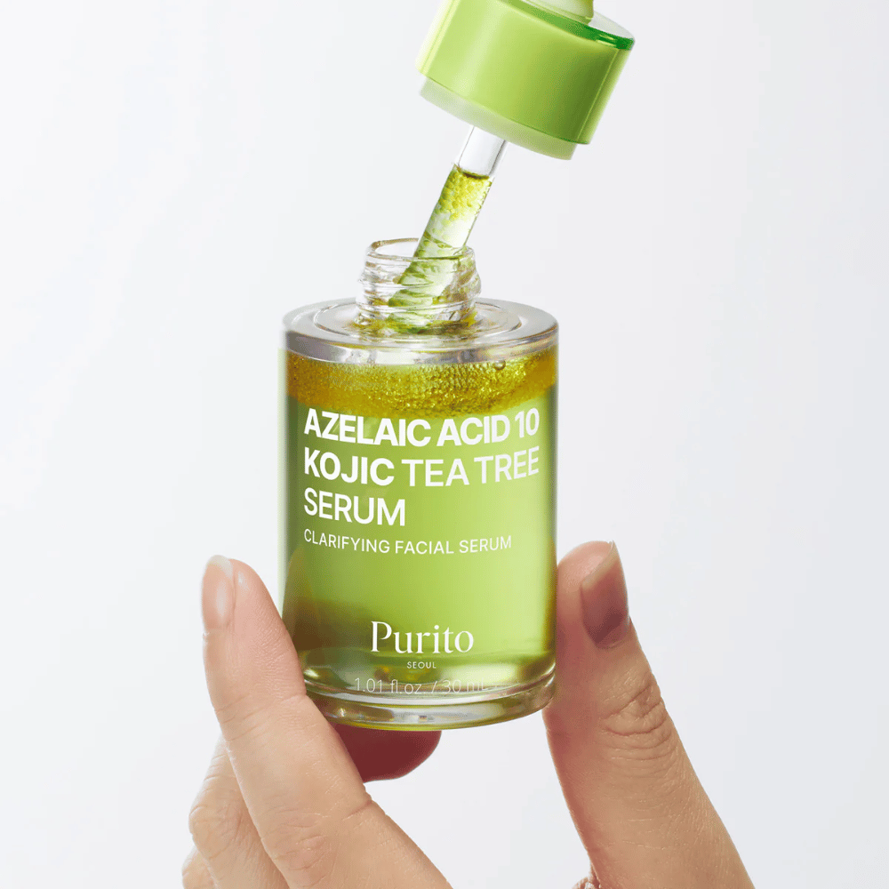 Purito Azelaic Acid 10 Kojic Tea Tree Serum – let serum med pipette. Indeholder azelainsyre, kojic acid og tea tree for klarere hud.