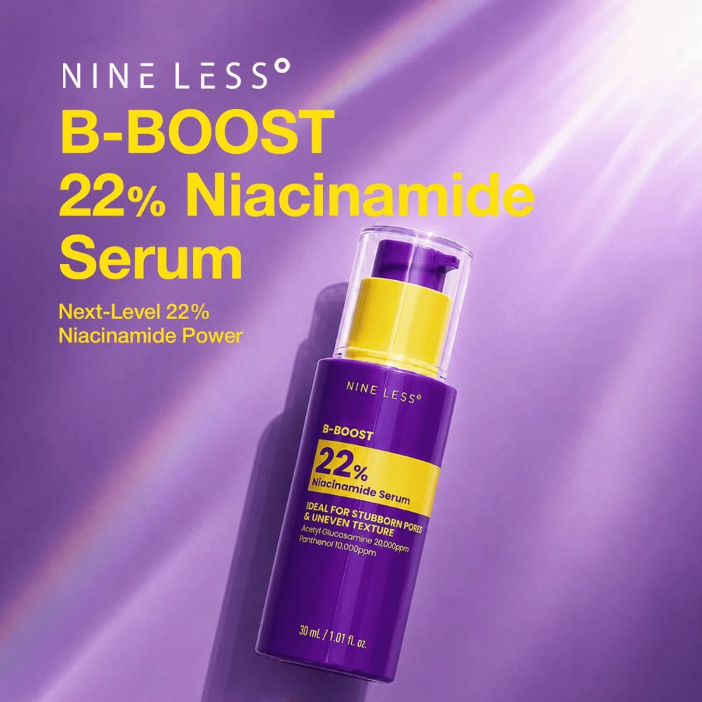 6. NINE LESS B-Boost 22% Niacinamide Serum – lilla serumflaske med gul etiket mod synlige porer
