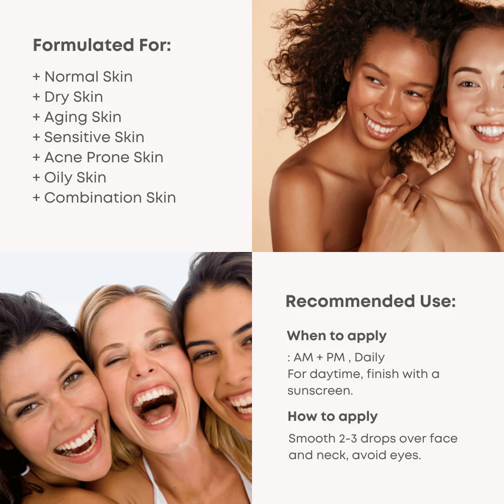 Produktinformation for B-Boost 10% Niacinamide Serum, inklusive anbefalinger til brug og hudtyper.