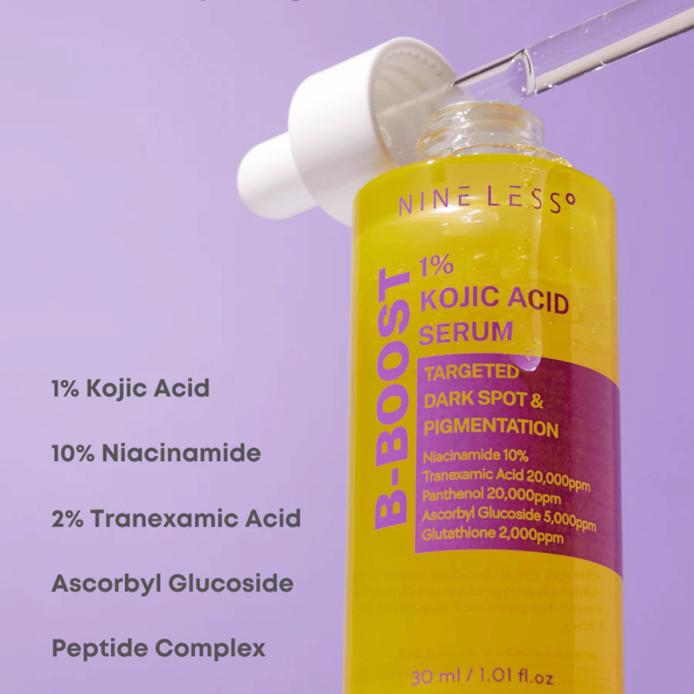 B-Boost 1% Kojic Acid Serum i flasker med pipette, til mørke pletter og pigmentering.