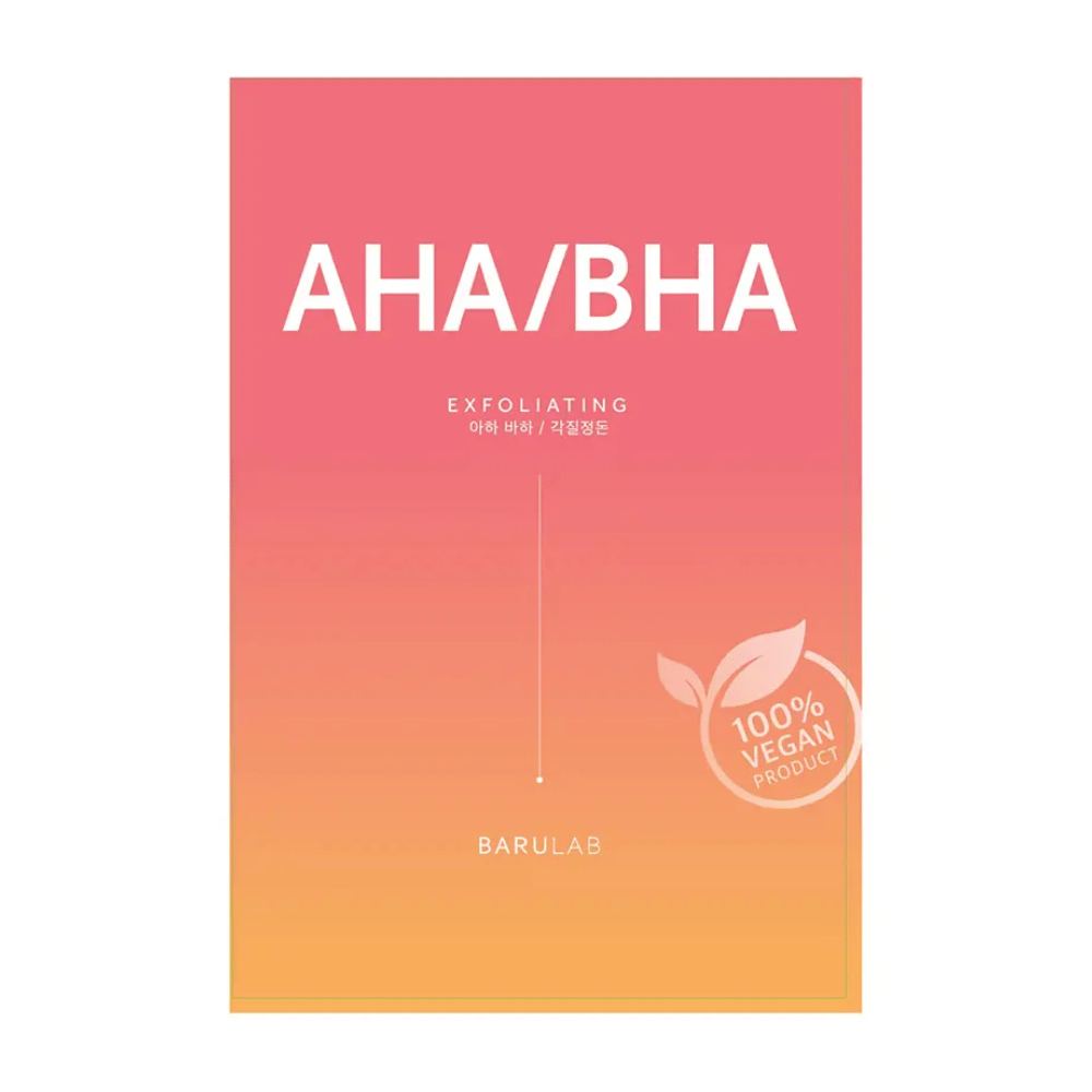 En BARULAB-produktindpakning til en "AHA/BHA Exfoliating" maske, noteret som "100% Vegan Product". Indpakningen skifter farve fra rød til gul.