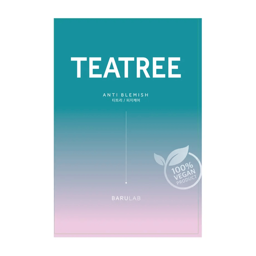 En pakke med BARULAB "TEATREE Anti Blemish" maske, mærket som "100% Vegan Product". Pakken har en farvegradient fra turkis øverst til lyserød nederst.
