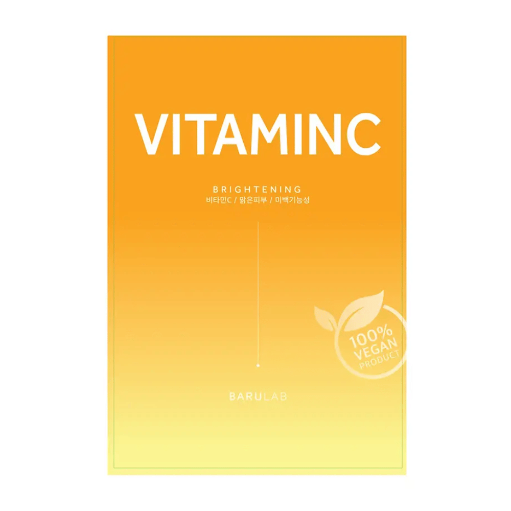En pakke med BARULAB "VITAMINC Brightening" maske, mærket som "100% Vegan Product". Pakken har en farvegradient fra orange i toppen til lysegul i bunden.