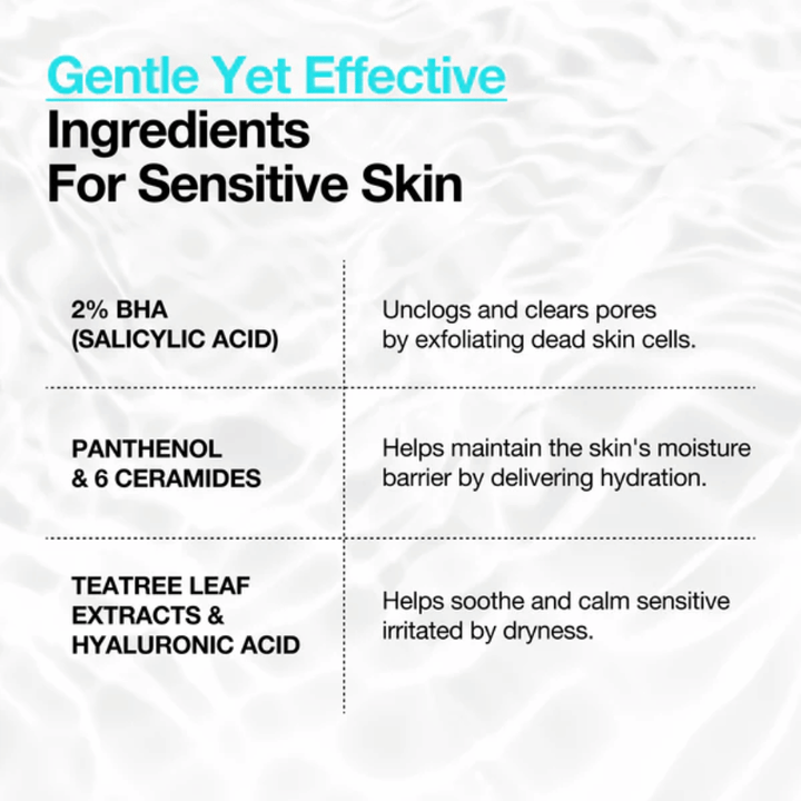 Anua BHA 2% Gentle Exfoliating Toner – ingredienser for følsom hud med 2% BHA, panthenol, ceramider og hyaluronsyre