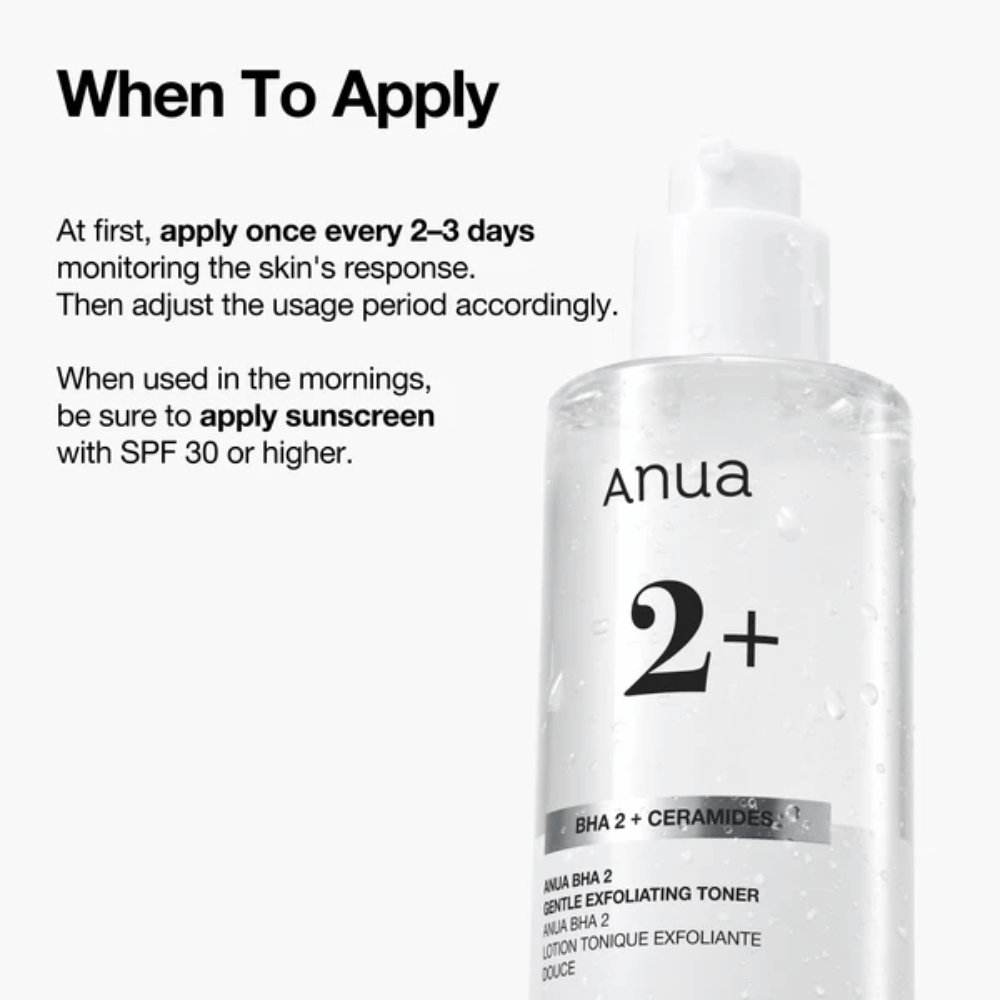 Anua BHA 2% Gentle Exfoliating Toner med ceramider – instruktion for brug, eksfolierende toner for følsom hud med BHA (salicylsyre)