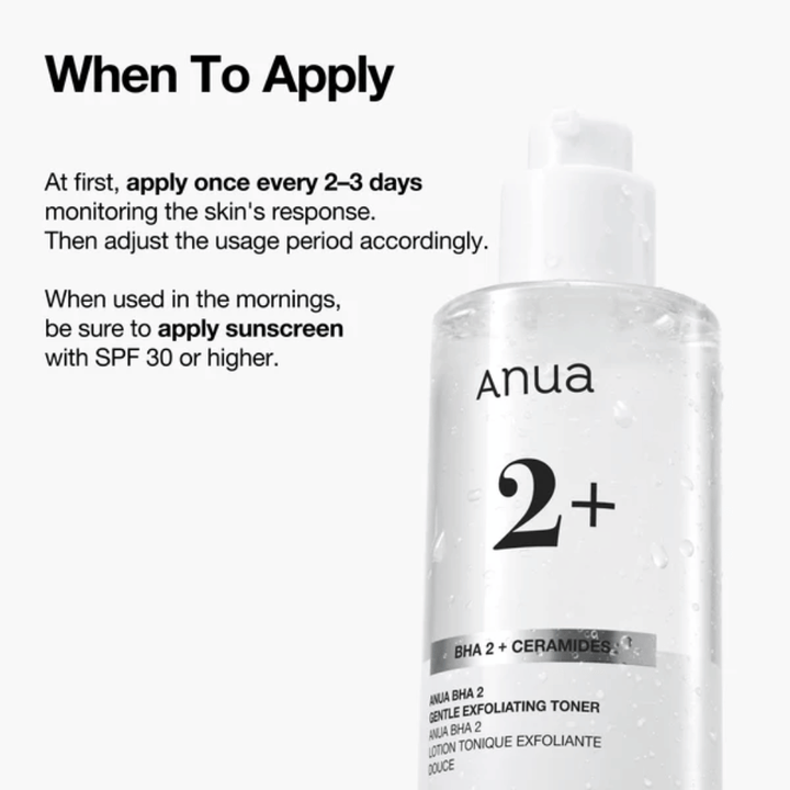 Anua BHA 2% Gentle Exfoliating Toner med ceramider – instruktion for brug, eksfolierende toner for følsom hud med BHA (salicylsyre)