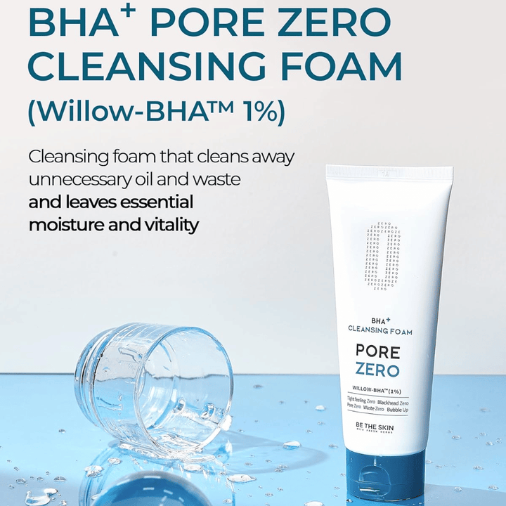 Kampagnebillede, der fremhæver Willow-BHA™ (1%) og produktets evne til at rense overskydende talg og urenheder væk, samtidig med at huden bevarer fugt og glød. Den blå farvepalette giver et rent og opfriskende indtryk.