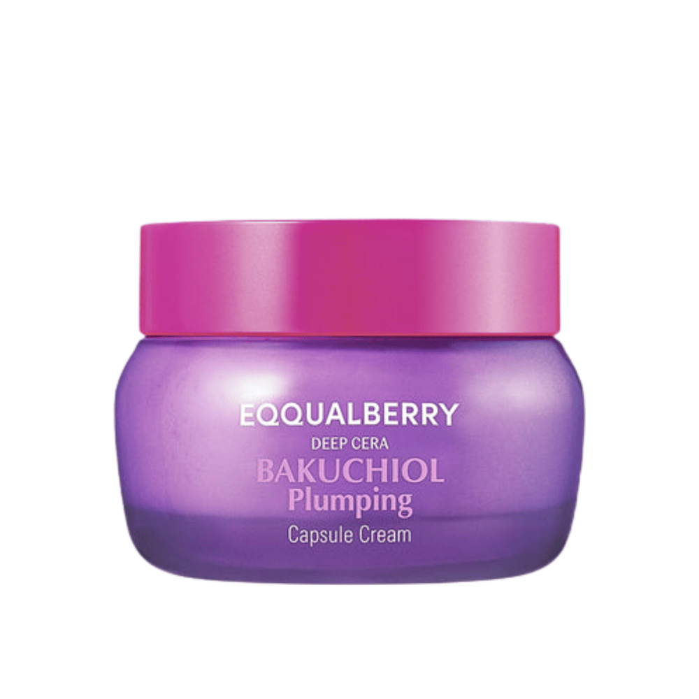 Produktbillede af EQQUALBERRY Bakuchiol Plumping Capsule Cream i lilla krukke med rosa låg – intensiv fugtighed og anti-age-effekt.