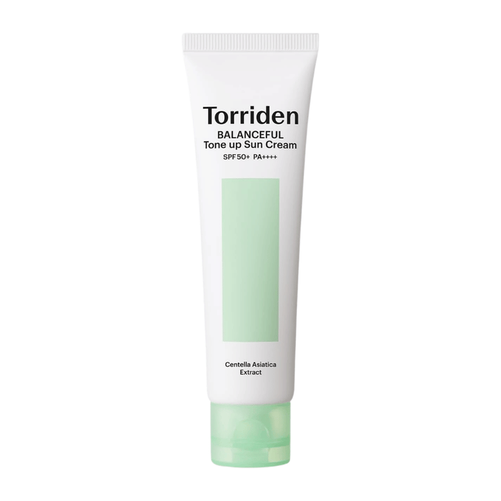 Torriden Balanceful Tone Up Sun Cream SPF50+ PA++++ produktbillede på hvid baggrund med Centella Asiatica til beroligende pleje og daglig UV-beskyttelse.