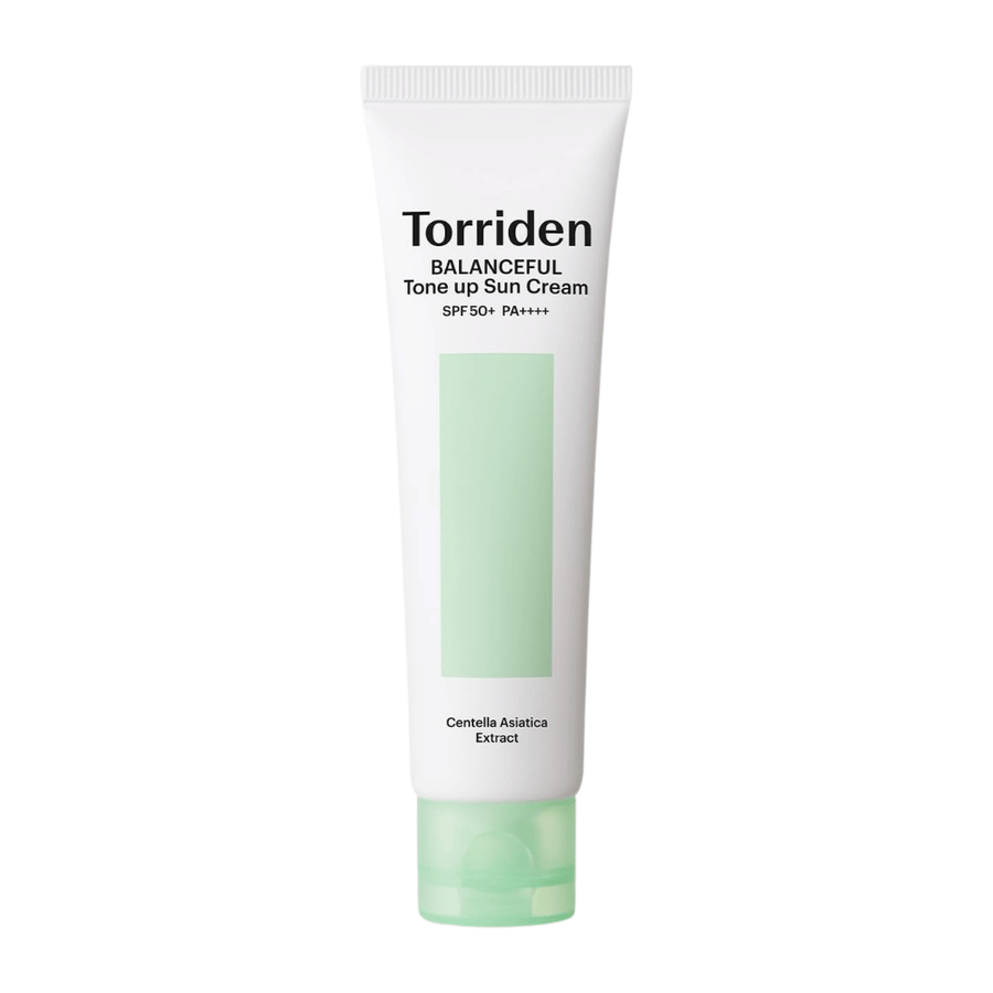 Torriden Balanceful Tone Up Sun Cream SPF50+ PA++++ produktbillede på hvid baggrund med Centella Asiatica til beroligende pleje og daglig UV-beskyttelse.