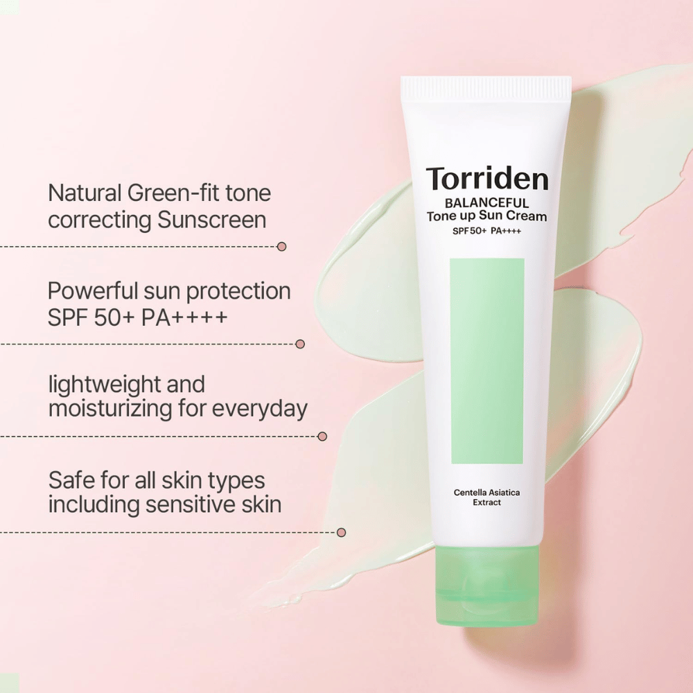 Torriden Balanceful Tone Up Sun Cream SPF50+ PA++++ med grøn farvekorrigerende tone-up-effekt, som hjælper med at udjævne rødme og give naturlig glød.