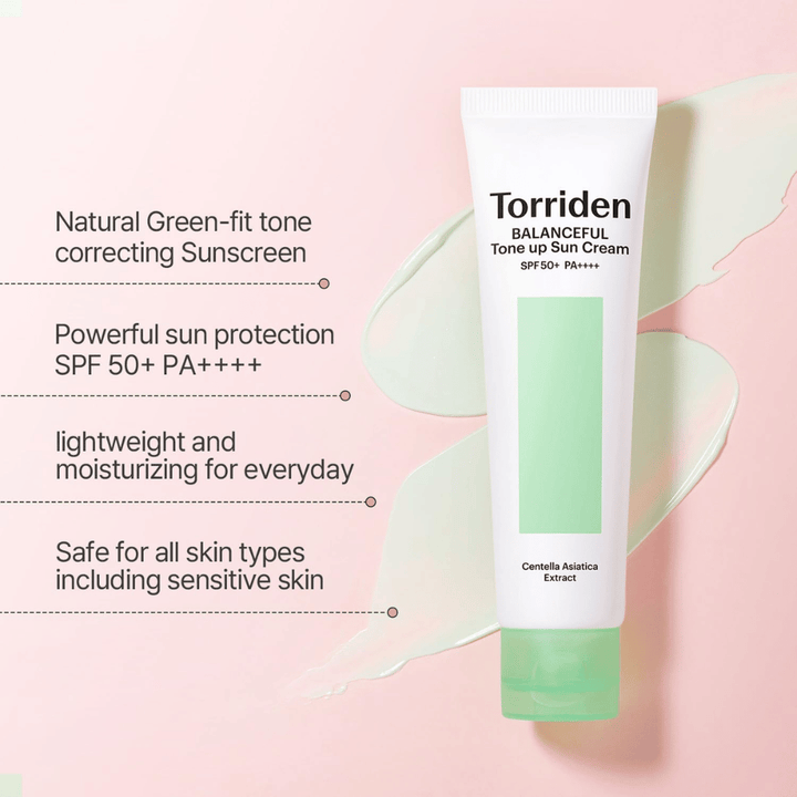Torriden Balanceful Tone Up Sun Cream SPF50+ PA++++ med grøn farvekorrigerende tone-up-effekt, som hjælper med at udjævne rødme og give naturlig glød.