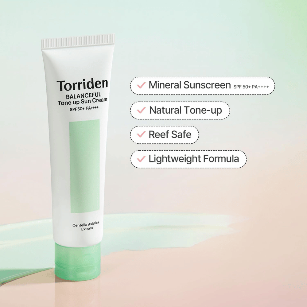 Torriden Balanceful Tone Up Sun Cream SPF50+ PA++++ præsenteret med fokus på mineralbaseret solbeskyttelse, naturlig tone-up-effekt, reef safe-formel og let tekstur.