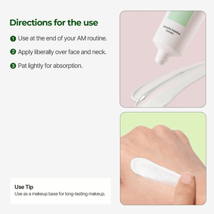 Torriden Balanceful Tone Up Sun Cream SPF50+ PA++++ med Centella Asiatica vises sammen med påføringstips og cremens lette, udjævnende konsistens på huden.