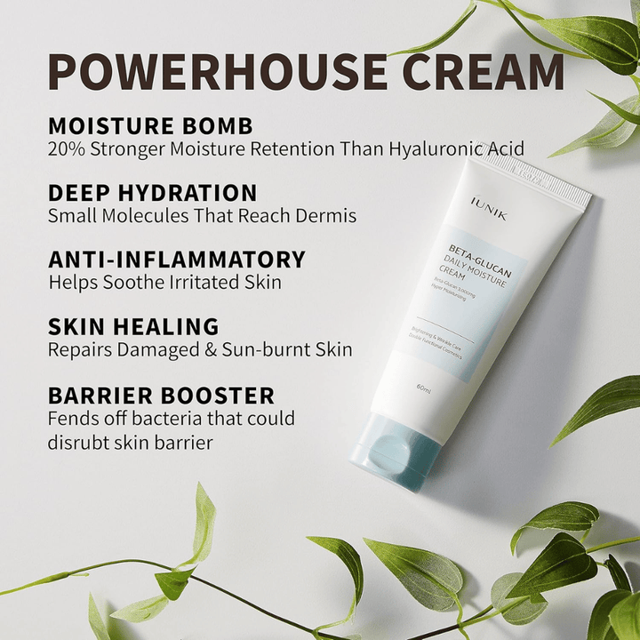 Produktbillede med fokus på de vigtigste fordele ved iUNIK Beta-Glucan Daily Moisture Cream. Billedet fremhæver intensiv fugtning, dybdegående fugt, beroligende egenskaber, støtte til hudbarrieren og pleje af tør eller irriteret hud.