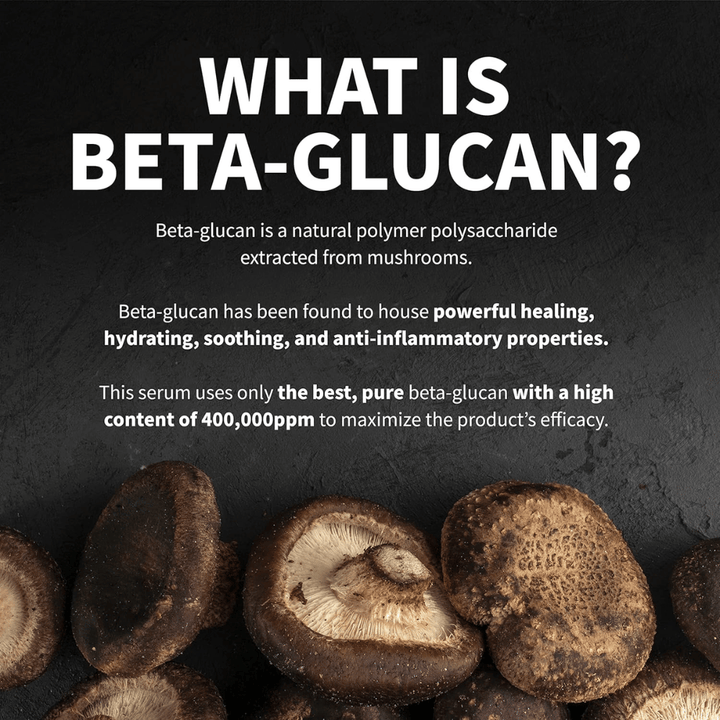 Informationsbillede, der forklarer, hvad beta-glucan er. Billedet viser svampe som råvarekilde og beskriver beta-glucan som en ingrediens med fugtgivende, beroligende og hudplejende egenskaber.